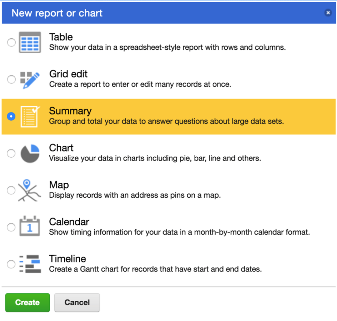 A dialog box that will prompt you to select the type of report. Select the 'Chart' option